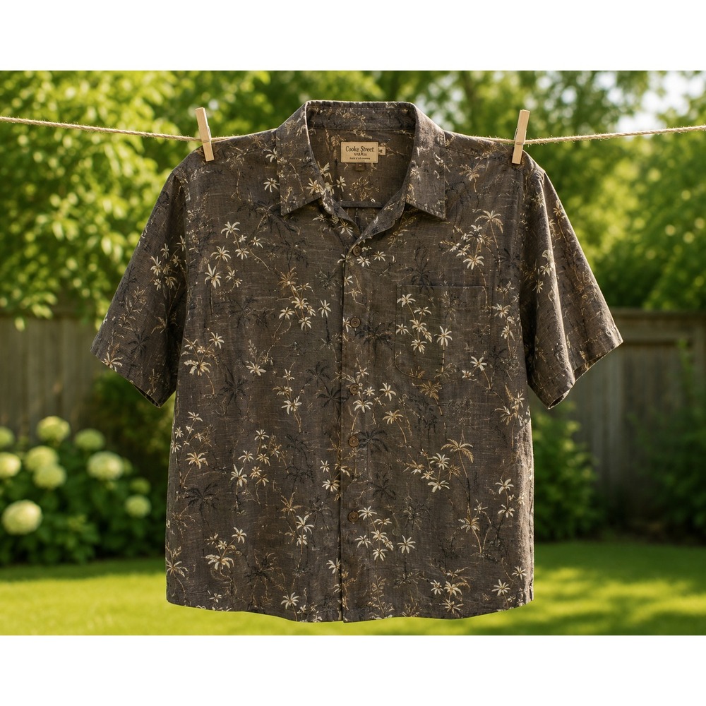 Cutter & Buck Mens Medium Hawaiian Camp Shirt Gray Palm Tree Tropical Cotton